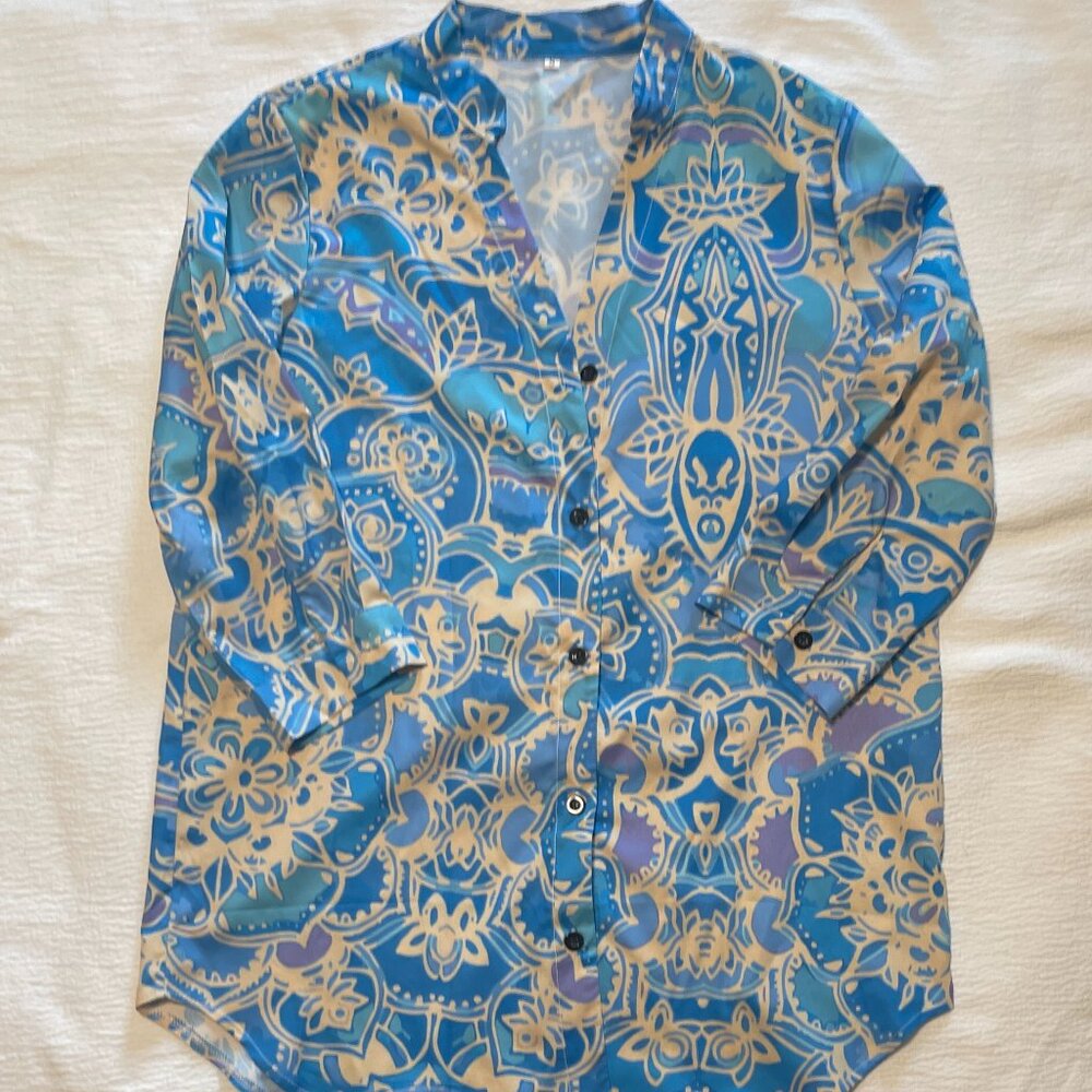 Blue and Tan Button Up Blouse
